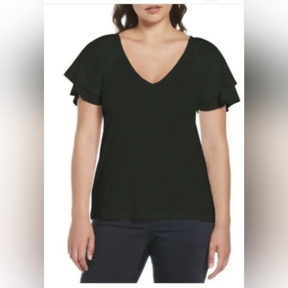 Rafaella Black Knit V-Neck Ruffle Sleeve T Shirt Top New